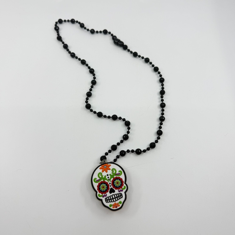 Day Of The Dead Sugar Skull Necklace with Black Beads & Magnetic Clasp